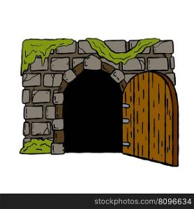 Door of castle. Wooden open doorway. Cartoon hand drawn illustration. Entrance to fairy tale fortress or stone medieval old wall. Door of castle. Entrance to fairy tale fortress