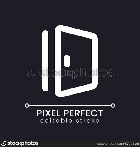 Door pixel perfect white linear ui icon for dark theme. Emergency exit. Fire evacuation. Vector line pictogram. Isolated user interface symbol for night mode. Editable stroke. Poppins font used. Door pixel perfect white linear ui icon for dark theme