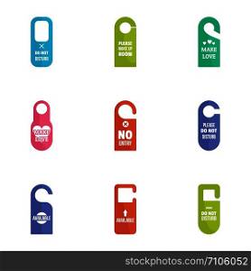 Door tag icon set. Flat set of 9 door tag vector icons for web design. Door tag icon set, flat style
