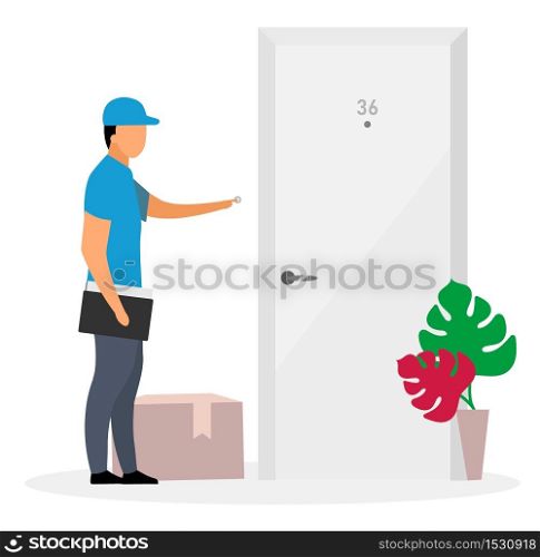 Door-to-door delivery flat vector illustration. Deliveryman, courier ring doorbell isolated cartoon character on white background. Postman delivered parcel, package to door. Shipping service concept