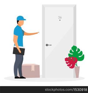 Door-to-door delivery flat vector illustration. Deliveryman, courier ring doorbell isolated cartoon character on white background. Postman delivered parcel, package to door. Shipping service concept