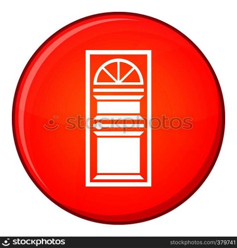 Door with an arched glass icon in red circle isolated on white background vector illustration. Door with an arched glass icon, flat style