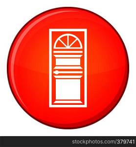 Door with an arched glass icon in red circle isolated on white background vector illustration. Door with an arched glass icon, flat style