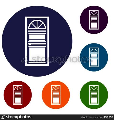 Door with an arched glass icons set in flat circle reb, blue and green color for web. Door with an arched glass icons set