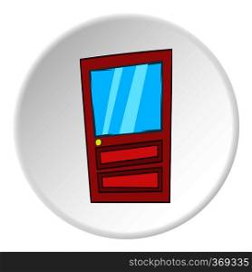Door with glass icon in cartoon style on white circle background. Interior design symbol vector illustration. Door with glass icon, cartoon style