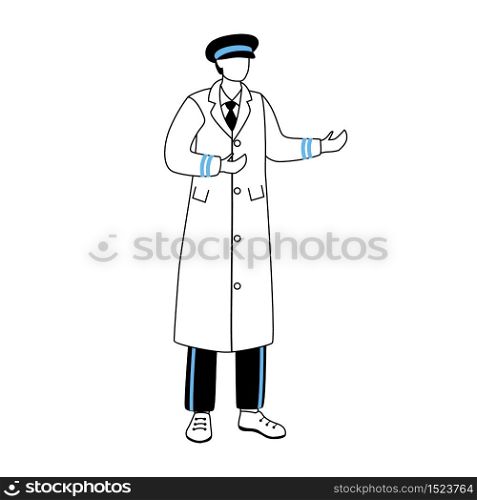 Doorman flat vector illustration. Hotel staff, hospitality service. Concierge welcoming guests. Hall porter in cap and coat. Doorkeeper in uniform cartoon character with outline on white