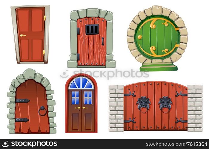 Doors cartoon set with modern and fairytale doors isolated vector illustration
