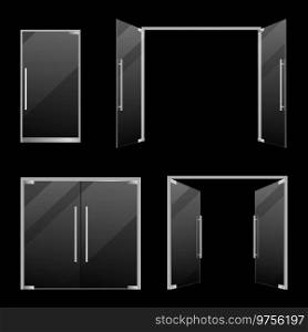Doors glass. Open and closed double and single glass mall and store clear gloss door. Realistic mockup. Modern architectural interior and exterior element. Vector isolated on black background set. Doors glass. Open and closed double and single glass mall and store clear gloss door. Realistic mockup. Modern architectural interior and exterior element. Vector isolated on black set