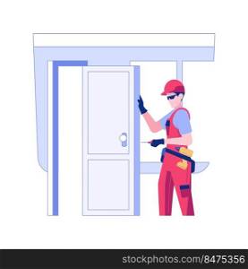 Doors installation isolated concept vector illustration. Contractor installing a door, private house building, residential construction service, interior works, decorative trim vector concept.. Doors installation isolated concept vector illustration.