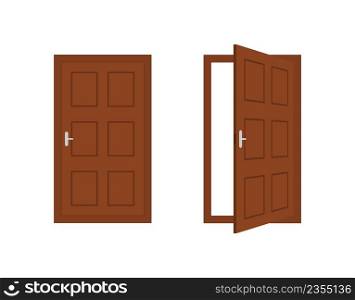 Doors. Open and close door. Doors of house isolated on white background. Doorway with doorframe for home. Design of room interior. 3d icon of entrance. Wooden door with handle in front. Vector.