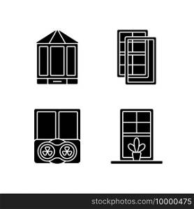 Doors replacement service black glyph icons set on white space. Bay and bow windows. Extra wind protection. Temperatures maintenance. Windowsills. Silhouette symbols. Vector isolated illustration. Doors replacement service black glyph icons set on white space
