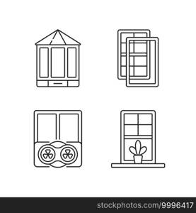 Doors replacement service linear icons set. Bay and bow windows. Extra wind protection. Windowsills. Customizable thin line contour symbols. Isolated vector outline illustrations. Editable stroke. Doors replacement service linear icons set