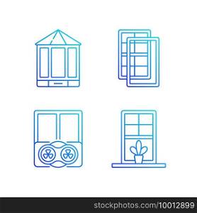 Doors replacement service RGB color icons set. Bay and bow windows. Temperatures maintenance. Windowsills. Thin line contour symbols bundle. Isolated vector outline illustrations collection. Doors replacement service RGB color icons set