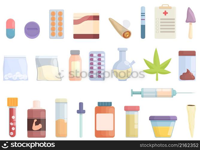 Doping icons set cartoon vector. Joint canabis. Weed dope. Doping icons set cartoon vector. Joint canabis