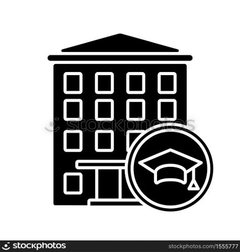 Dormitory black glyph icon. Students residence hall. Accommodation for freshmen. University campus building. Education. Silhouette symbol on white space. Vector isolated illustration. Dormitory black glyph icon