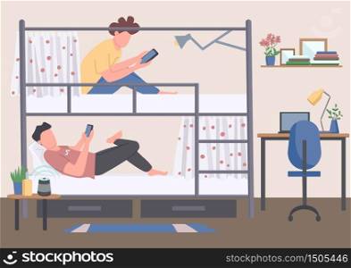 Dormitory roommates flat color vector illustration. College students, friends on bunk bed 2D cartoon characters with workplace on background. University lifestyle, brothers sharing room, co living