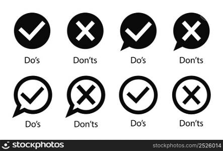 Dos and dont. Tick or cross for do or don. Outline icon of wrong and right. Mark of check and correct isolated. Sign of good or bad. List of icon for approved, reject. Logo of quiz. Vector.