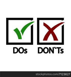 DOs and DONTs yes and no vector sign. Illustration of correct and wrong, cross and tick sign. DOs and DONTs yes and no vector sign