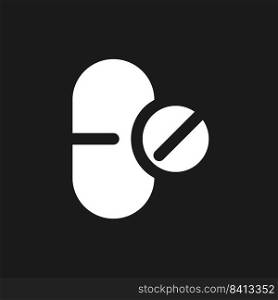 Dosage form dark mode glyph ui icon. Tablets. Pharmaceutical remedy. User interface design. White silhouette symbol on black space. Solid pictogram for web, mobile. Vector isolated illustration. Dosage form dark mode glyph ui icon