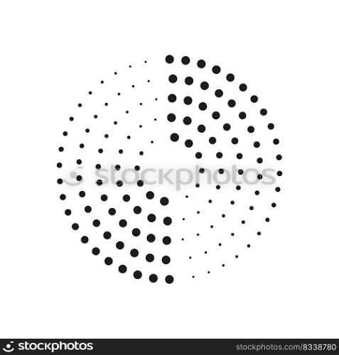 Dot circle pattern. Halftone round dot pattern. Spiral halftone frame. Abstract ripple shape. Circular graphic texture isolated on white background. Half tone element. Vector.