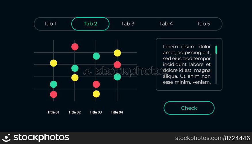 Dot plot diagram UI element template. Editable isolated vector dashboard component. Flat user interface. Visual data presentation. Web design widget for mobile application with dark theme. Dot plot diagram UI element template