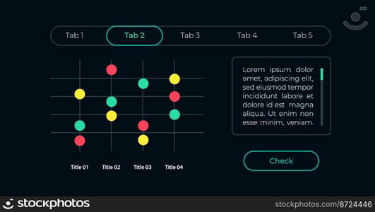 Dot plot diagram UI element template. Editable isolated vector dashboard component. Flat user interface. Visual data presentation. Web design widget for mobile application with dark theme. Dot plot diagram UI element template