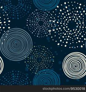 Dots and circles hand drawn vector seamless pattern in blues tones, fashion, print repeating background