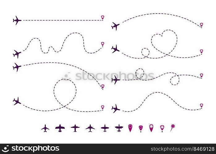Dotted airplane trajectories cartoon illustration set. Path or way of plane, aircraft of jet in shape of heart, line or circles with destination point or location mark. Travel, distance, route concept