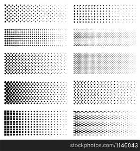 Dotted gradient set. Vector fading circle dots textures and black halftone moire patterns on white. Dotted gradient set
