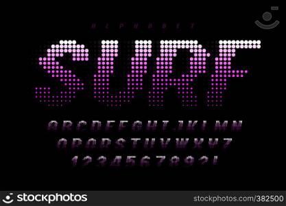 Dotted halftoned display font design, alphabet and numbers. Vector illustration. Dotted halftoned display font design, alphabet and numbers