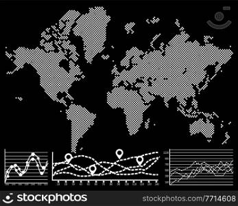 Dotted white World map on dark background. Gray pixel map of the Earth. Roads and ways for guidebooks with marks. Town marks and national borders in separate layers. Unfolded planet isolated on black. Dotted white World map isolated on black background. Roads and ways for guidebooks with marks