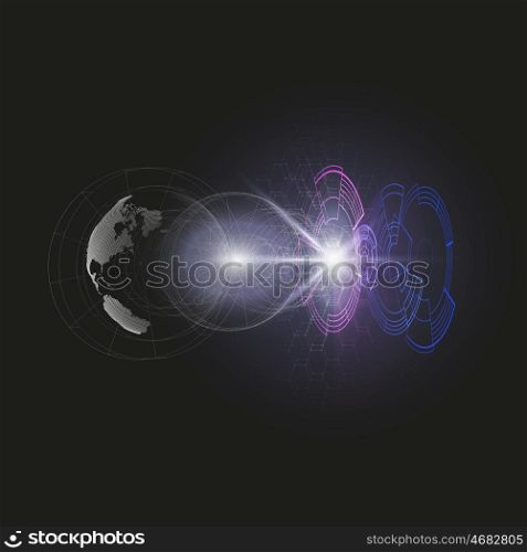 Dotted world globe, connecting lines, abstract construction, space station, orbit isolated on black. Futuristic high tech HUD background. Scientific vector design. Science, technology concept