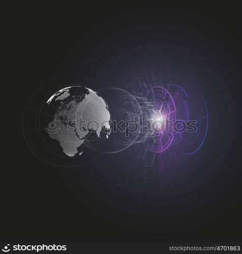 Dotted world globe, connecting lines, abstract construction, space station, orbit isolated on black. Futuristic high tech HUD background. Scientific vector design. Science, technology concept