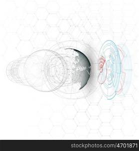 Dotted world globe, connecting lines, abstract construction, space station, orbit isolated on white. Futuristic high tech HUD background. Scientific vector design. Science, technology concept