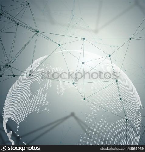Dotted world globe, connecting lines and dots, chemistry molecular pattern, molecules on gray background. Molecule structure. Medicine, science, technology concept. Polygonal design vector.. Dotted world globe, connecting lines and dots, chemistry molecular pattern, molecules on gray background. Molecule structure. Medicine, science, technology concept. Polygonal design vector