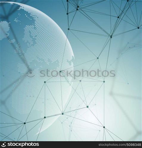 Dotted world globe, connecting lines and dots, chemistry molecular pattern, molecules on gray background. Molecule structure. Medicine, science, technology concept. Polygonal design vector.. Dotted world globe, connecting lines and dots, chemistry molecular pattern, molecules on gray background. Molecule structure. Medicine, science, technology concept. Polygonal design vector