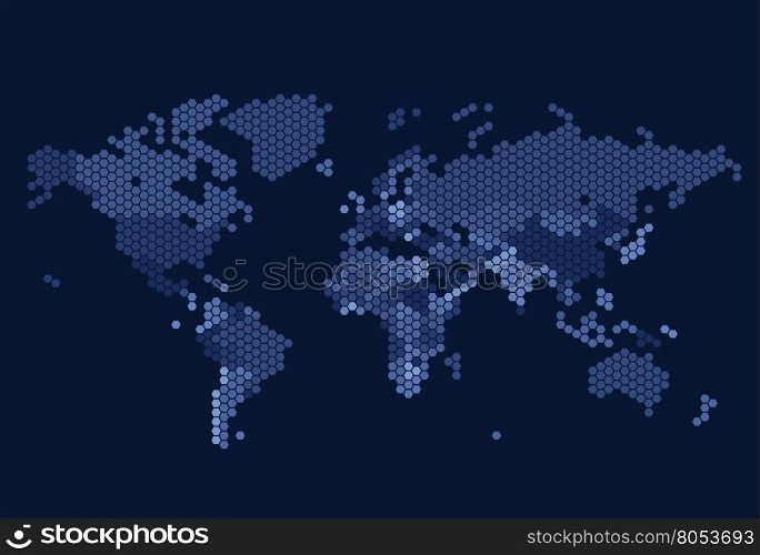 Dotted World map of hexagonal dots on dark background. Vector illustration.