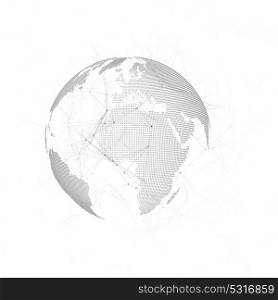 Dotted world map with chemistry pattern, connecting lines and dots. Molecule structure on white. Scientific medical DNA research. Science or technology concept. Geometric design abstract background. Dotted world map with chemistry pattern, connecting lines and dots. Molecule structure on white. Scientific medical DNA research. Science or technology concept. Geometric design abstract background.