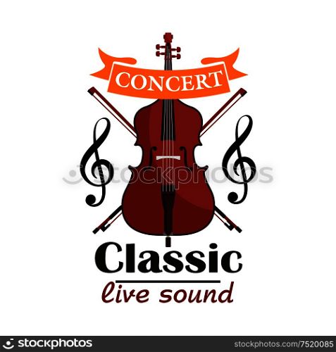 Double Bass. Classic live concert emblem with vector icon of classic contrabass viol, clef note, bows and orange ribbon. Double Bass. Classic live concert emblem