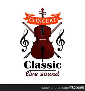 Double Bass. Classic live concert emblem with vector icon of classic contrabass viol, clef note, bows and orange ribbon. Double Bass. Classic live concert emblem