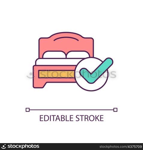 Double bed and check mark RGB color icon. Making bed morning routine. Comfortable furniture. Isolated vector illustration. Simple filled line drawing. Editable stroke. Arial font used. Double bed and check mark RGB color icon