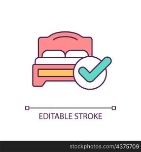 Double bed and check mark RGB color icon. Making bed morning routine. Comfortable furniture. Isolated vector illustration. Simple filled line drawing. Editable stroke. Arial font used. Double bed and check mark RGB color icon