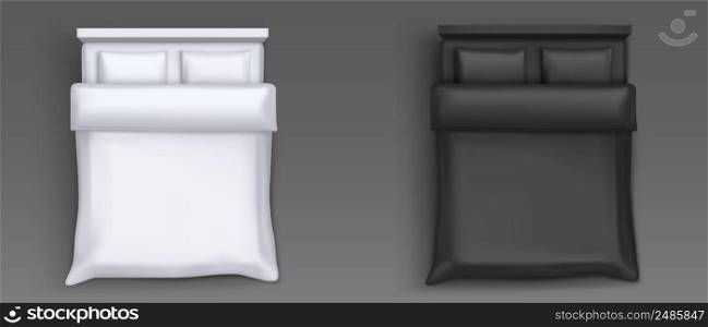 Double beds with black and white linen top view. 3d vector furniture for sleep mockup with blank sheet, pillows and duvet, home or hotel king-size beds rendering, isolated Realistic illustration. Double beds with black and white linen top view