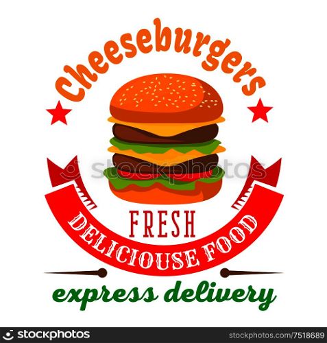 Double cheeseburger with fresh vegetables and grilled beef round icon framed by curved ribbon banner and stars. Fast food delivery service badge or burger shop takeaway packaging design usage. Cheeseburger round icon for fast food cafe design