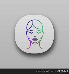 Double chin surgery app icon. UI/UX user interface. Plastic surgery. Double chin removal. Facial rejuvenation. Genioplasty. Facelift surgical procedure. Application. Vector isolated illustration. Double chin surgery app icon