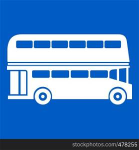 Double decker bus icon white isolated on blue background vector illustration. Double decker bus icon white