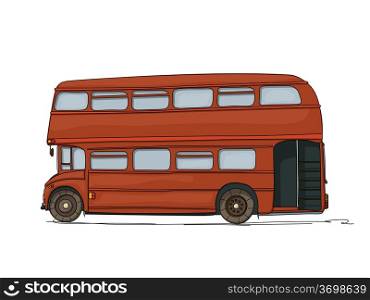Double decker London bus cartoon drawing on white background