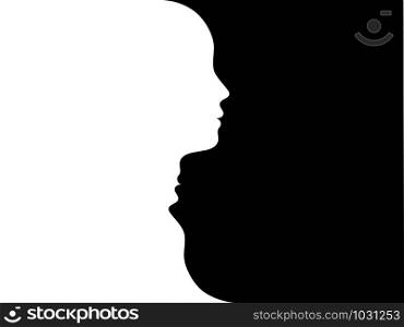 Double face. Metaphor bipolar disorder mind mental. Split personality. Mood disorder. Dual personality concept. 2 heads black white silhouettes