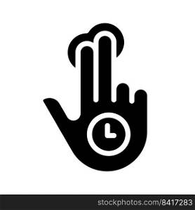 Double finger holding black glyph icon. Two fingers long tap. Digital device navigation. Touchscreen control. Silhouette symbol on white space. Solid pictogram. Vector isolated illustration. Double finger holding black glyph icon