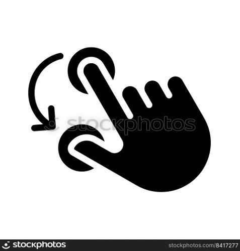 Double finger rotation black glyph icon. Hold and spin with two fingers. Touchscreen control gesture. Silhouette symbol on white space. Solid pictogram. Vector isolated illustration. Double finger rotation black glyph icon